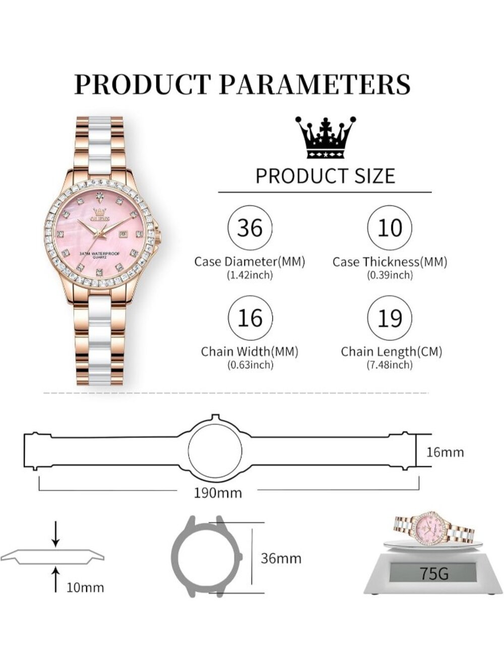 Women's Gold/Pink Ceramic and Stainless Steel Bracelet Mother of Pearl Watches - Picture 6 of 6